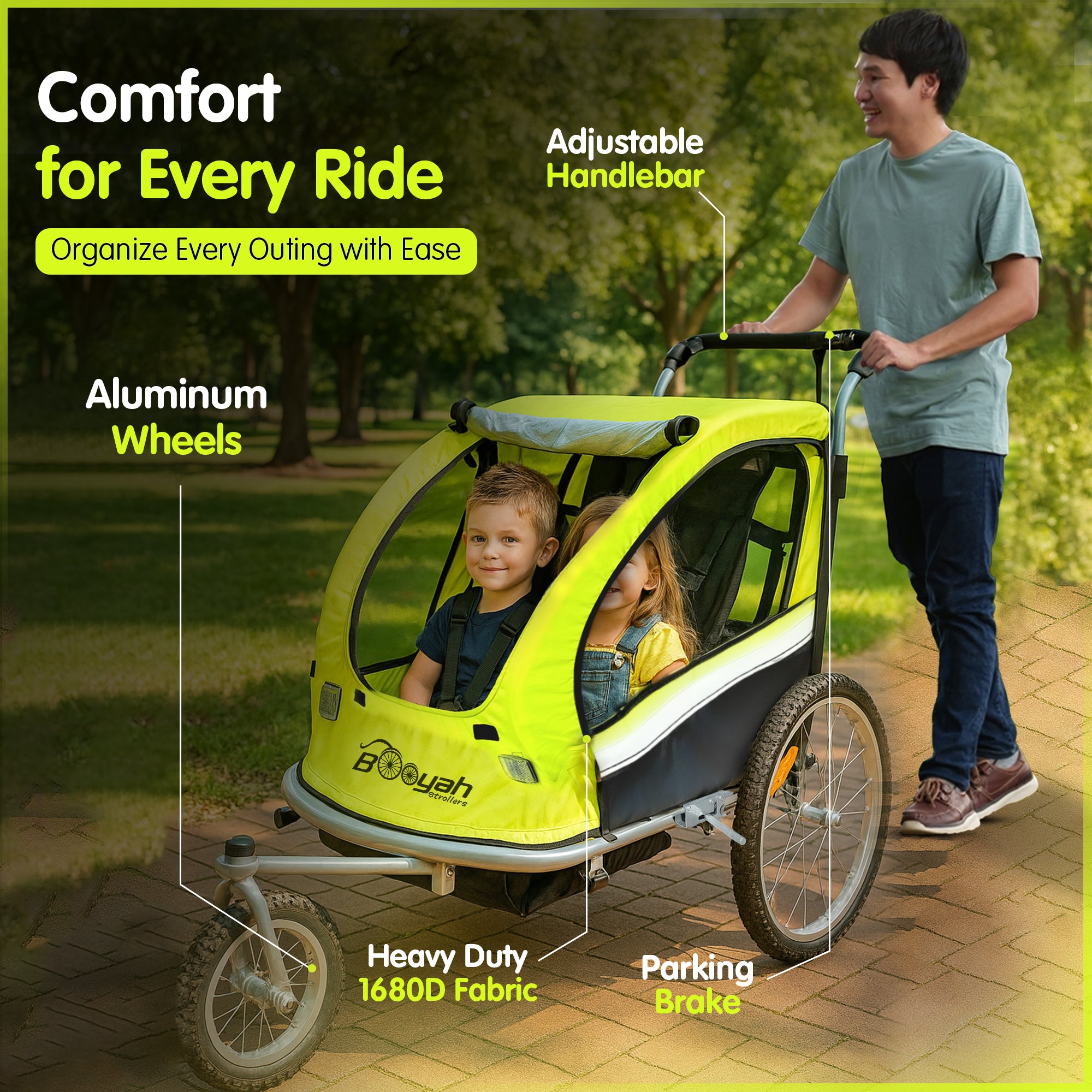 Booyah 3 in 1 Double Baby Bike Bicycle Trailer, Stroller and Jogger  – Fluorescent Green