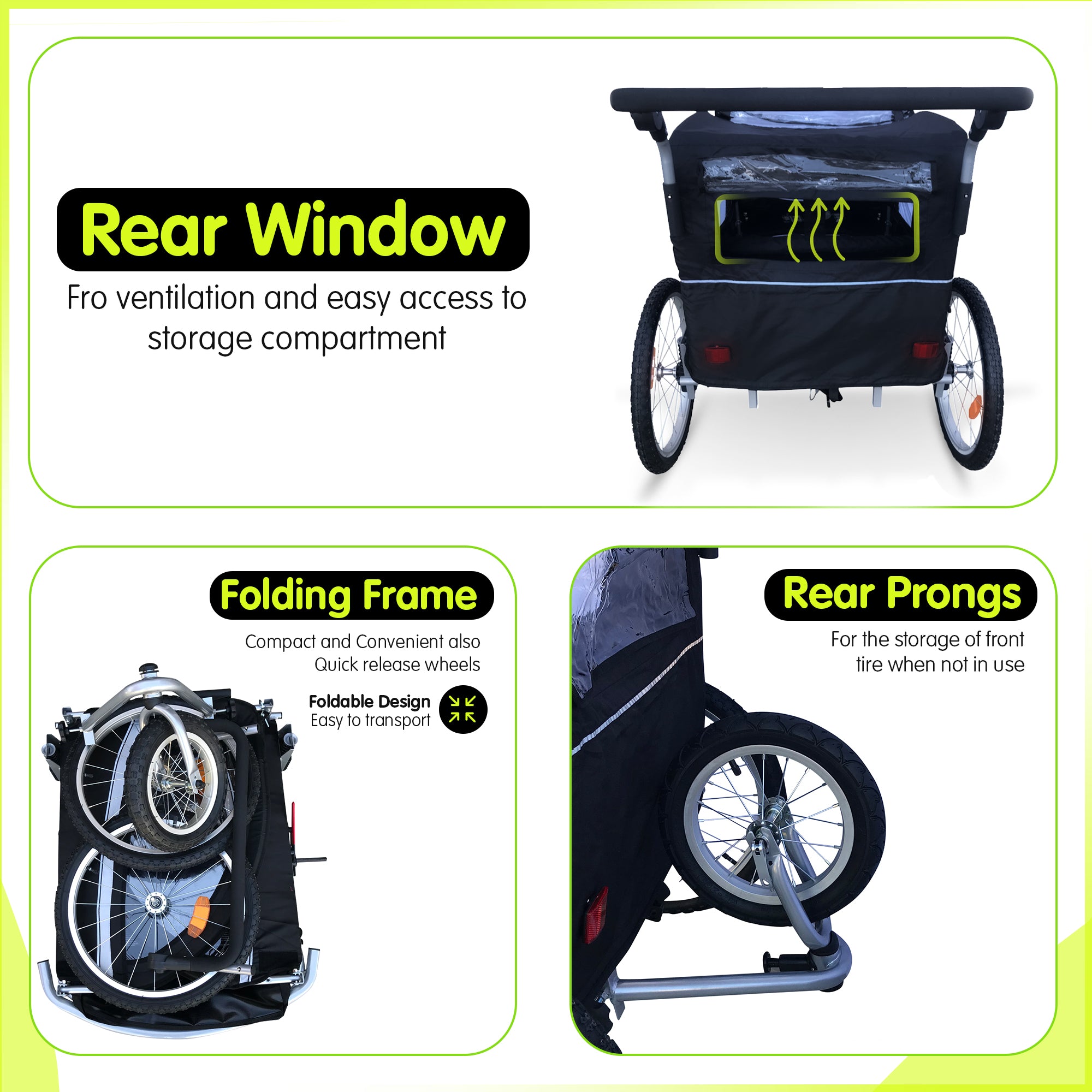 Booyah 3 in 1 Double Baby Bike Bicycle Trailer, Stroller and Jogger  – Fluorescent Green
