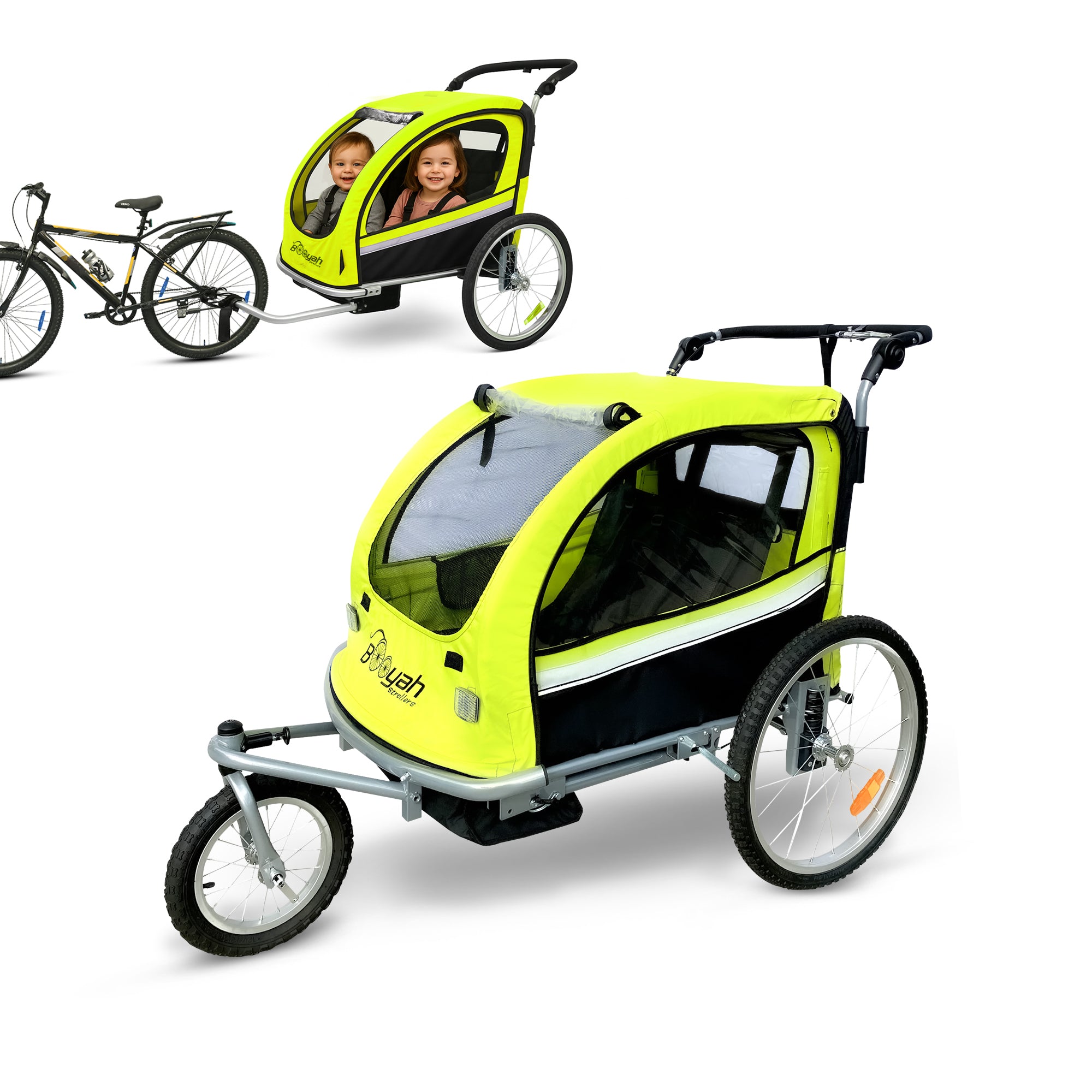 Booyah 3 in 1 Double Baby Bike Bicycle Trailer, Stroller and Jogger  – Fluorescent Green