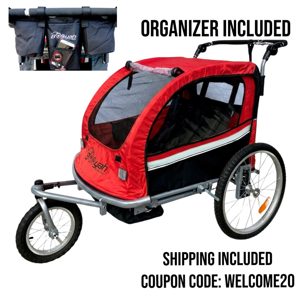 Booyah 3 in 1 Double Baby Bike Bicycle Trailer, Stroller and Jogger  – Red