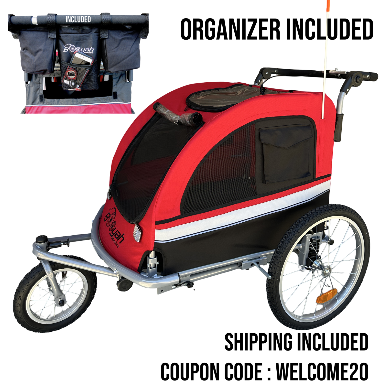 Large Pet Stroller, Jogger and Bike Trailer with Suspension - Red