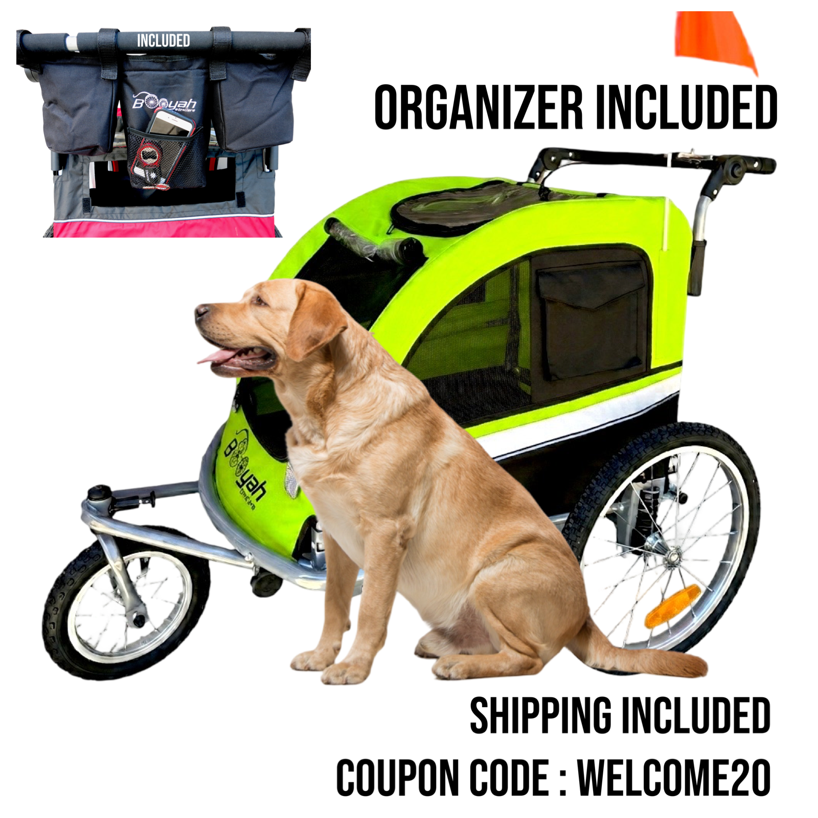 Booyah Large Pet Dog Stroller Carrier, Bike Trailer and Jogger with Suspension - Fluorescent Green/Yellow.