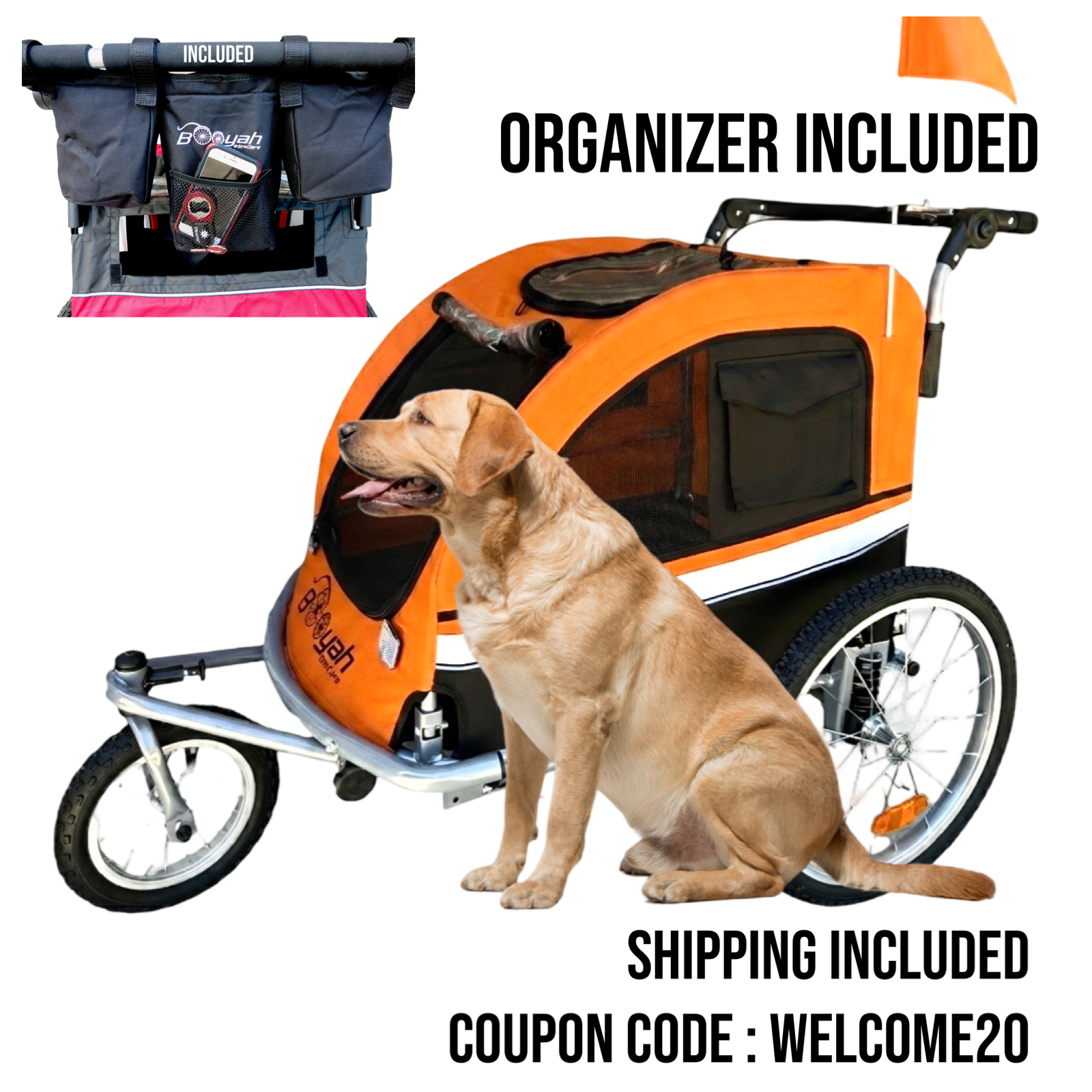 Large Pet Stroller, Bike Trailer and Jogger with Suspension - Orange