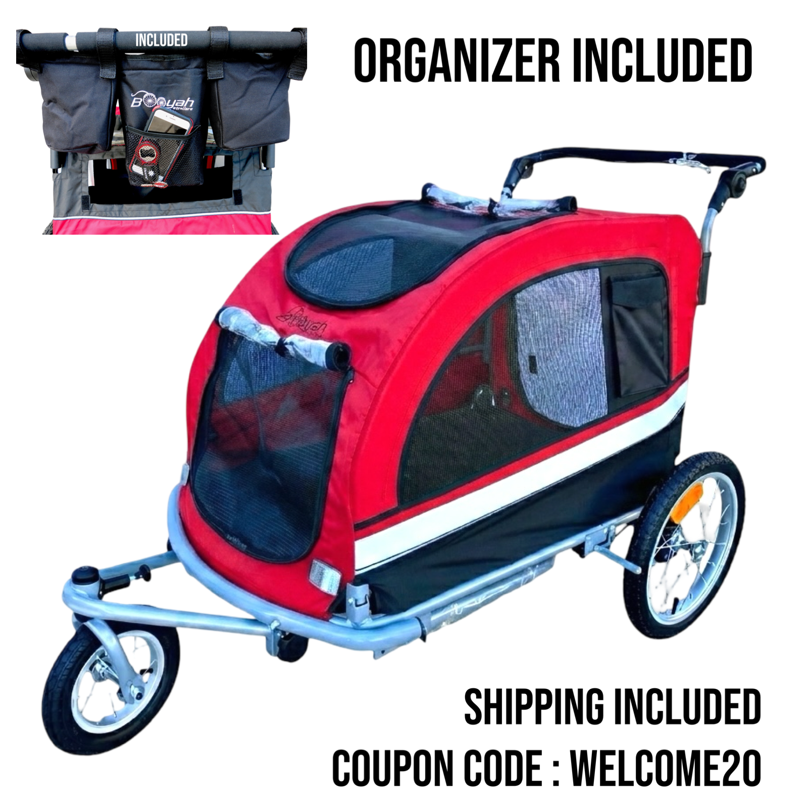 Booyah Extra Large Pet Dog Stroller and Bicycle Trailer with Suspension - Red