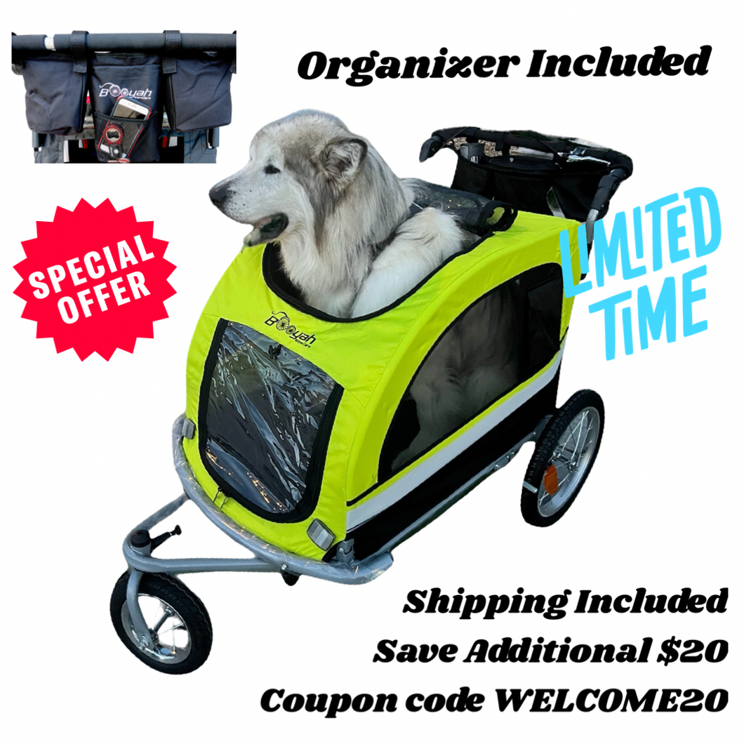 Extra Large Pet Dog Stroller Carrier and Bicycle Trailer with Suspension - Fluorescent Green/Yellow|Booyah