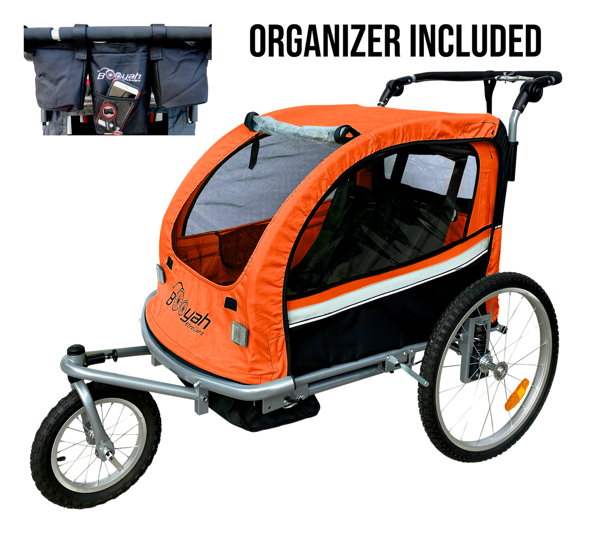 Booyah 3 in 1 Double Baby Bike Bicycle Trailer, Stroller and Jogger – Orange