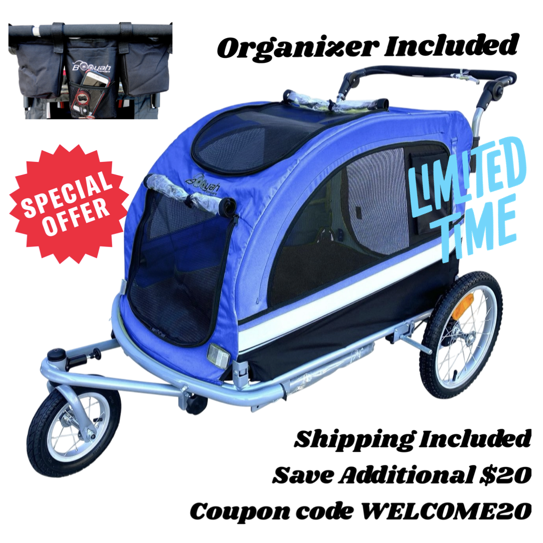 Booyah Extra Large Pet Dog Stroller and Bicycle Trailer with Suspension - Blue