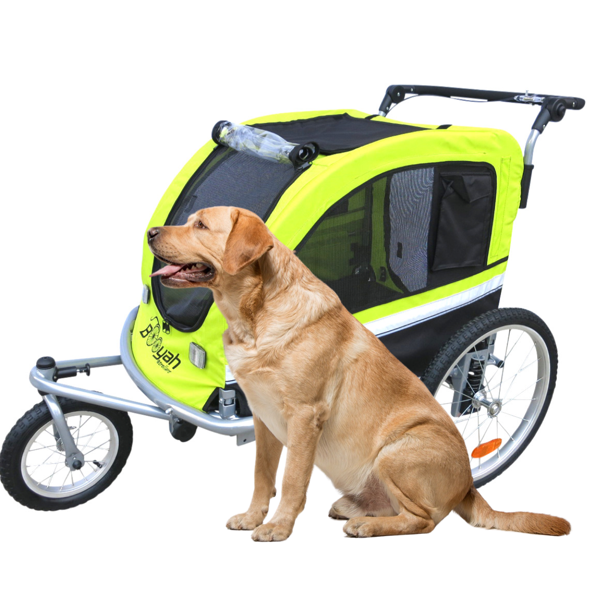 Booyah Large Pet Dog Stroller Carrier, Bike Trailer and Jogger with Suspension - Fluorescent Green/Yellow.