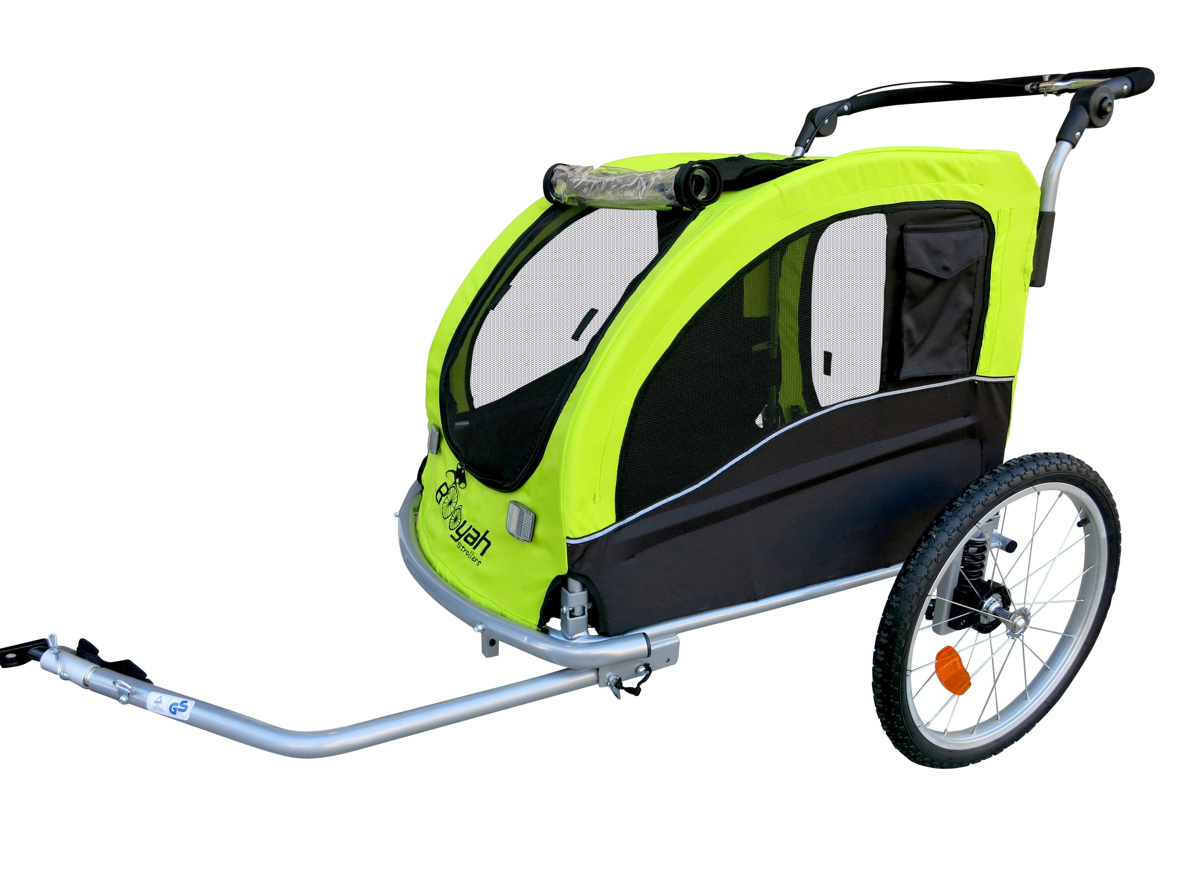 Booyah Large Pet Dog Stroller Carrier, Bike Trailer and Jogger with Suspension - Fluorescent Green/Yellow.